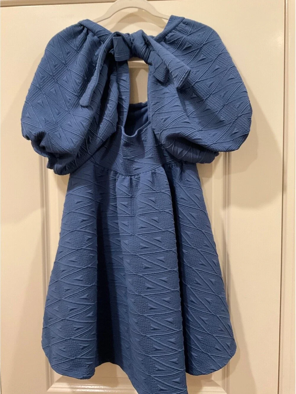 Free People Violet Dress Blue Textured Matelasse Puff Sleeve Open Bow Back Sz S